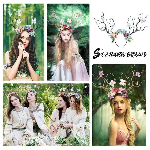 Elf Ears with Antlers Headband Pink Fairy Crown for Costume Cosplay Women